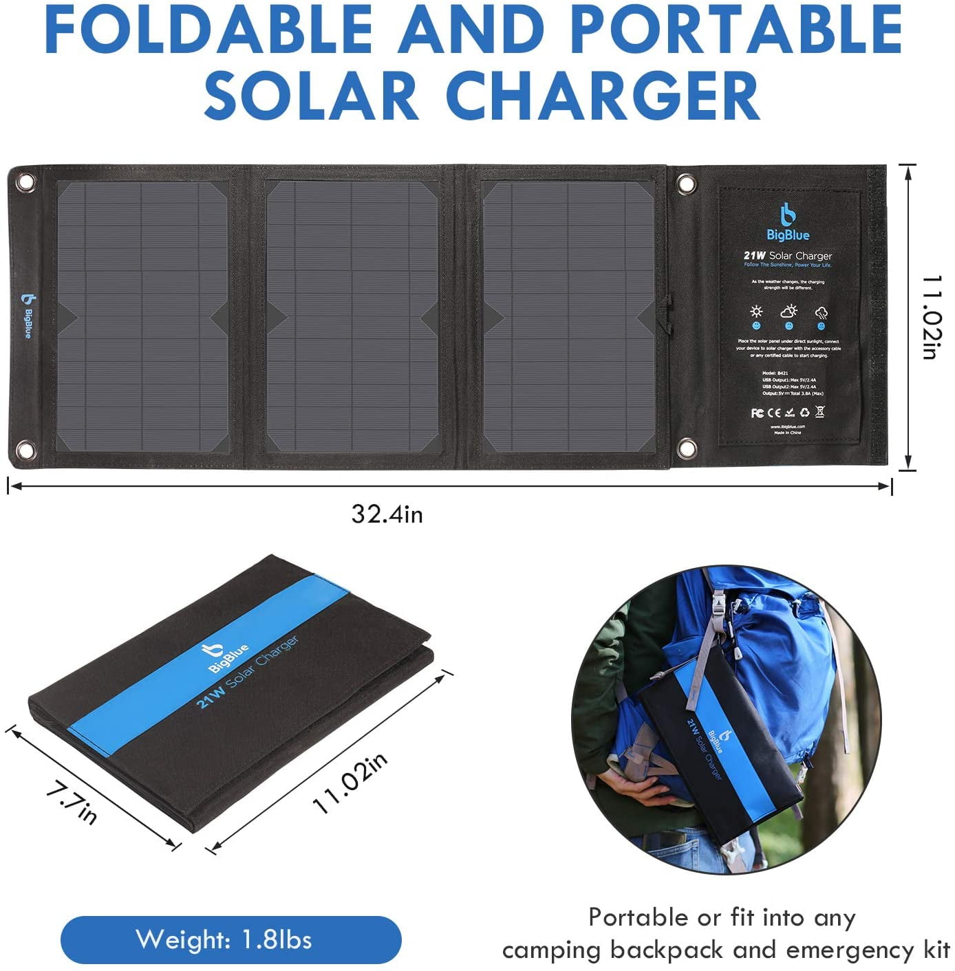 BigBlue 28W Portable Solar Panel Charger,  USB Solar Phone Charger with SunPower Solar Panel for Hiking Camping Emergency Outdoors