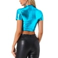 thumbnail image 3 of INSPIRE CHIC Women's Mock Neck Party Short Sleeve Metallic Crop Tops M Peacock Blue, 3 of 6
