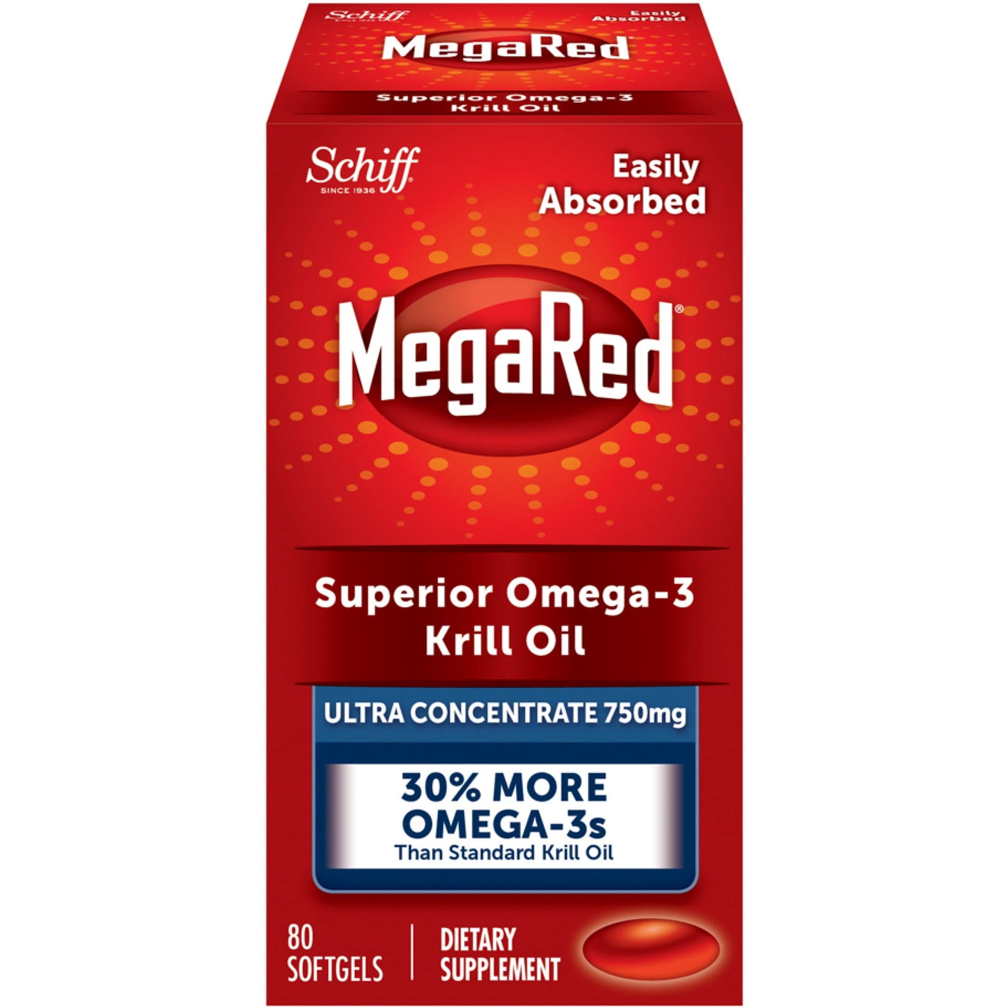 MegaRed 750mg Ultra Concentration Omega-3 Krill Oil - No fishy aftertaste as with fish oil, 80 softgels