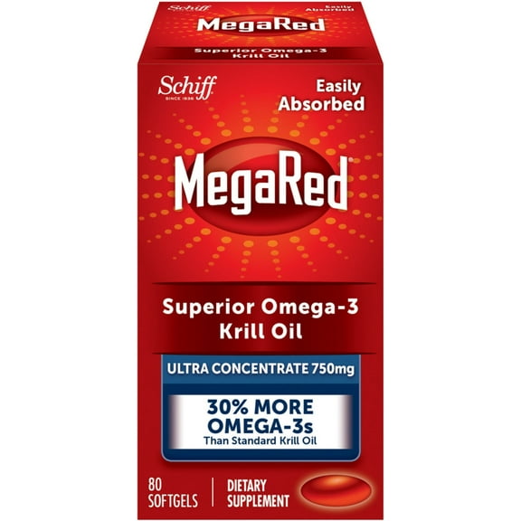 MegaRed 750mg Ultra Concentration Omega-3 Krill Oil - No fishy aftertaste as with fish oil, 80 softgels