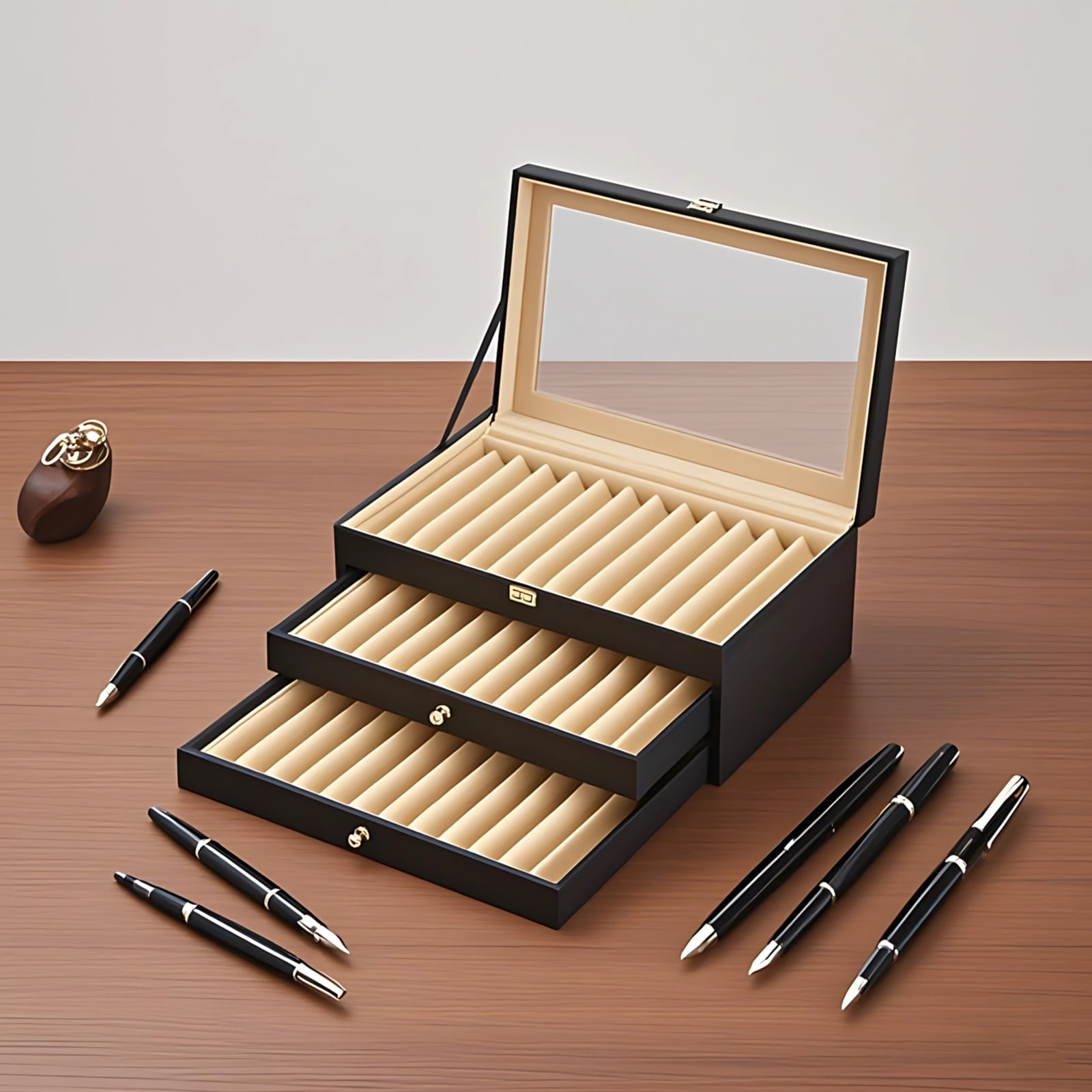 Pen Organizer Storage Display Box, Vintage PU Leather Pen Case, 36 Pen Slots with Soft Cushion, Mirror Top, Secure Metal Lock, Ideal for Collectors and Gift Purposes