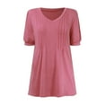 thumbnail image 4 of DuoJiaJ Women's Puff Short Sleeve Boho Shirts Casual V Neck Floral Solid Summer Blouse Pleated Casual Tunic Top Women's Button Down Shirts Pink L, 4 of 4