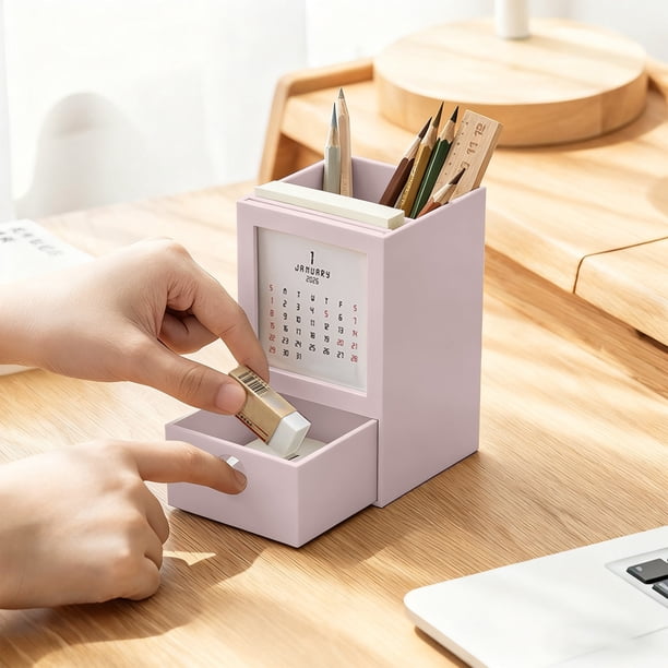 Pen Holders With 2026 Calendar Desktop Organizer With Drawer Multi-functional Desktop Organizer Suitable For School Home And Office.