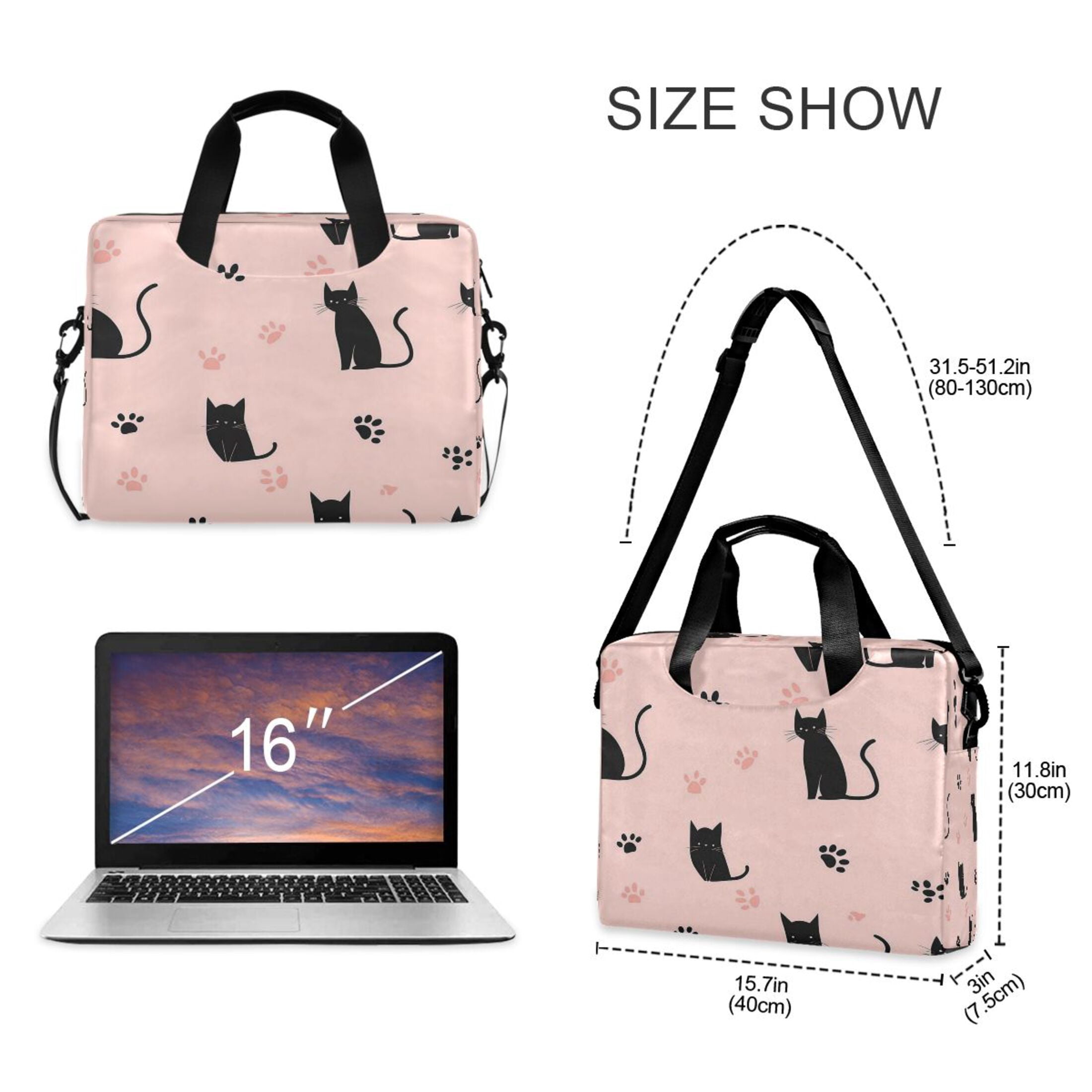 16" Laptop Tote Bag Laptop Sleeve Case Computer Briefcase for Work & Travel Black Cat and Cat's Paw