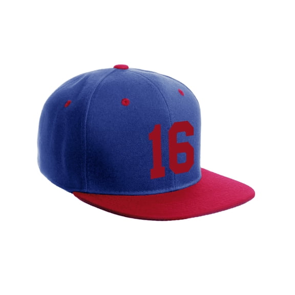 Classic Flat Bill Visor Snapback Hat Custom Color Player Team Numbers, Number 16 Red, Royal Red Hat