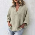 thumbnail image 4 of Womens 100% Cotton Linen Tunic Long Sleeve V Neck Gauze Shirt Casual Work Lounge Blouse Tops Beige 5XL, 4 of 6