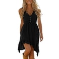 thumbnail image 2 of Guieoi Summer Dresses for Women under $10 Plus Size Solid-Color Casual Washed Wrinkle Button-Down Hem Asymmetrical Ruffled Sleeveless Dress Black XL, 2 of 6