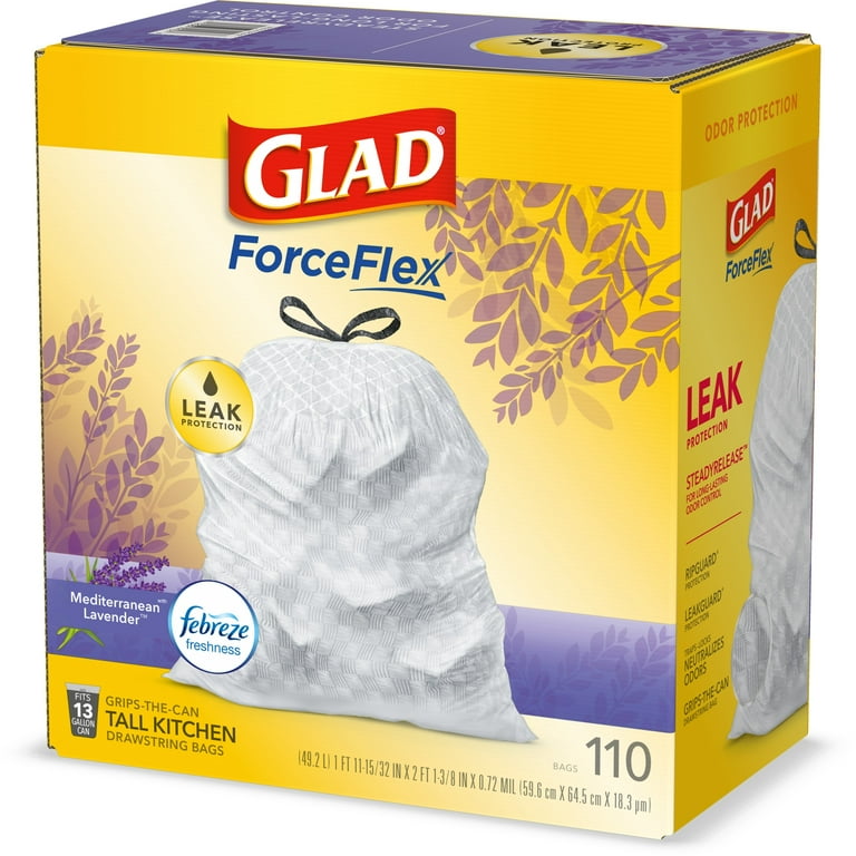 Glad ForceFlex Tall Kitchen Trash Bags, 13 Gallon, Gain Lavender with Febreze - 120 ct