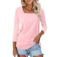 thumbnail image 2 of Pink Womens Tops Women's Fashionable and Casual Solid Color Square Neck Three Quarter Sleeve Top T Shirt Going Out Tops for Women, 2 of 5