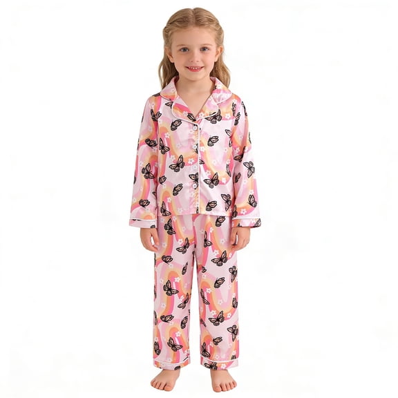 SJLDQY Toddler Girls Satin Pajamas Button Down Long Sleeve Shirts Pants 2 Piece Pj Sets Silk Sleepwear Summer Loungewear