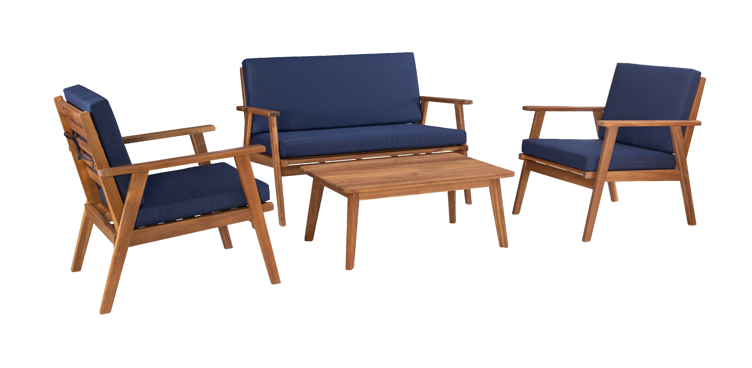 Linon Lathan 4-Piece Acacia Outdoor Conversation Set with Coffee Table, Loveseat & Chairs, Walnut/Dark Blue