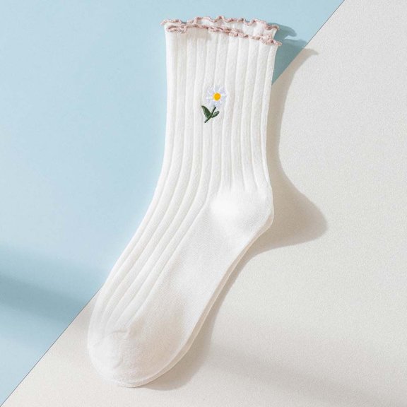 Sports Comfortable Embroidery Daisy Solid color Flower Pattern College Style Socks Cotton Female Hosiery Korea Style Mid-tube Socks Women Socks WHITE