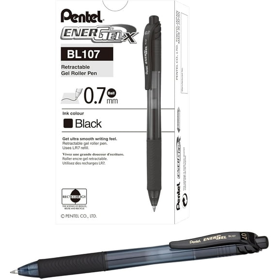 Pentel BL107A EnerGel-X Retractable Roller Gel Pen, .7mm, Black Barrel/Ink, Dozen