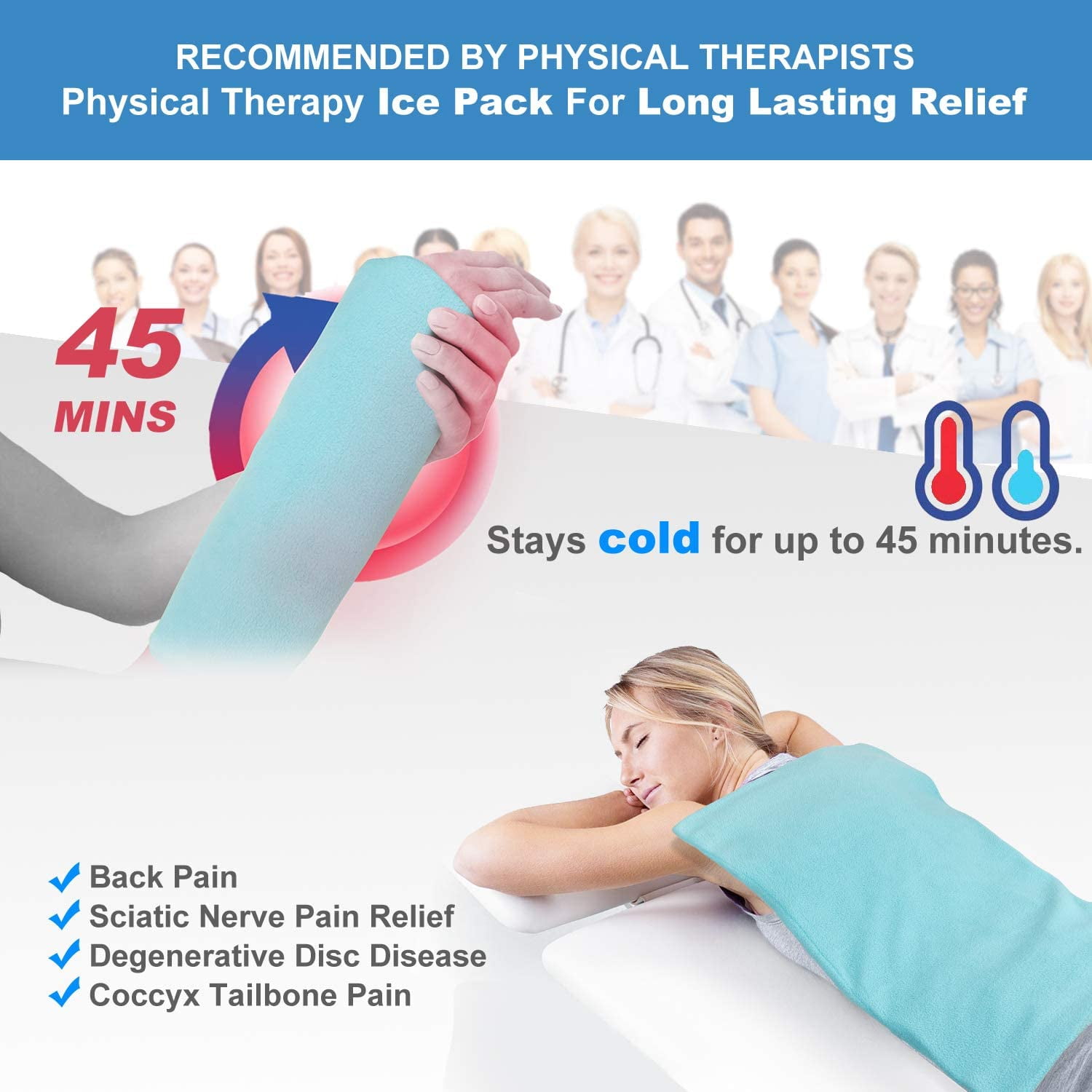 Ktinnead 12"x 21" Extra Large Gel Ice  Hot Pack with Soft Fabric Cover Ice Packs for Injuries Reusable Back Pain Relief/Physical Therapy Cold Compress Flexible Cooling Pad for Knee, Hip, Sciatica