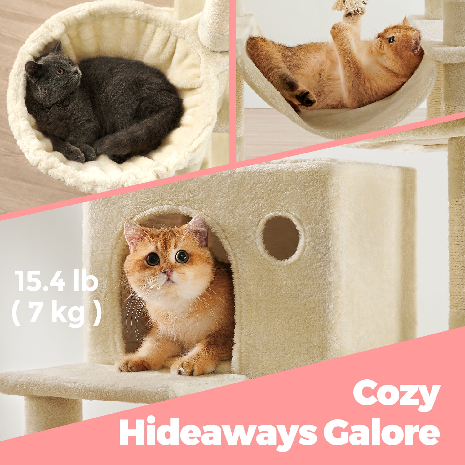 LEDREM 81.1-Inch Cat Tree Tower with 13 Scratching Posts & Hammock - Multi-Level Cat Condo with 2 Perches & Caves for Large Cats, Beige