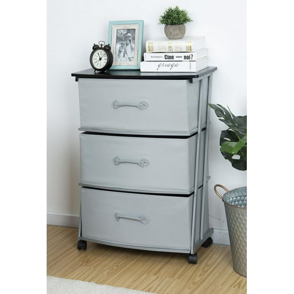 Mainstays 3 Drawer Fabric Dresser Storage Tower with Wheels for Adult, Metal Frame for Bedroom, Closet, Entryway Etc., Size:23.3 in. W x 12 in. D x 29.8 in. H; Grey drawer with black wood top