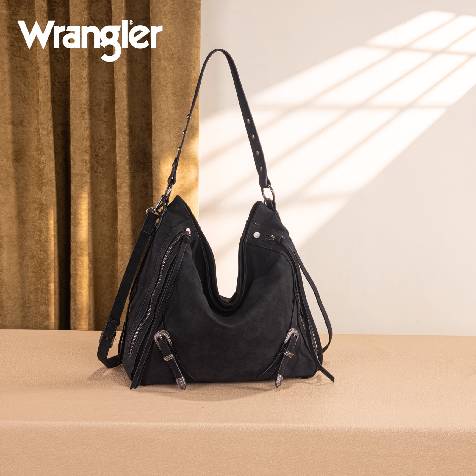 Wrangler Large Hobo Purses and Handbags for Women with Buckle and Fringe Zipper Faux Suede Shoulder Bag, Black