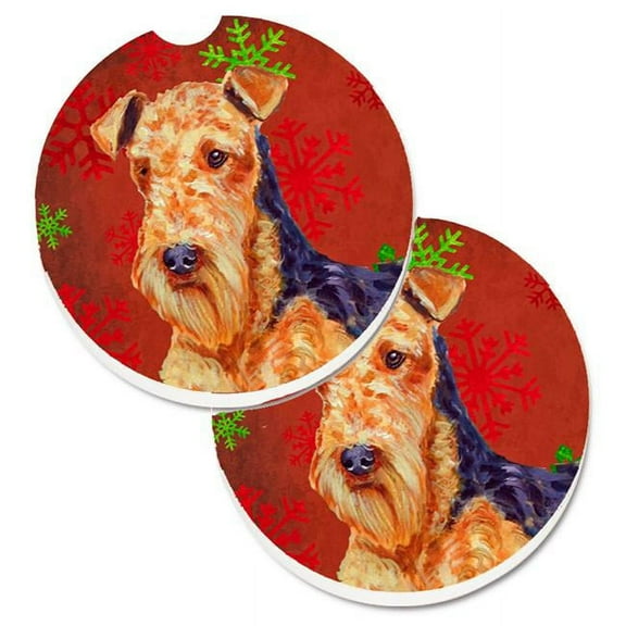 Airedale Red & Green Snowflakes Holiday Christmas Set of 2 Cup Holder Car Coaster