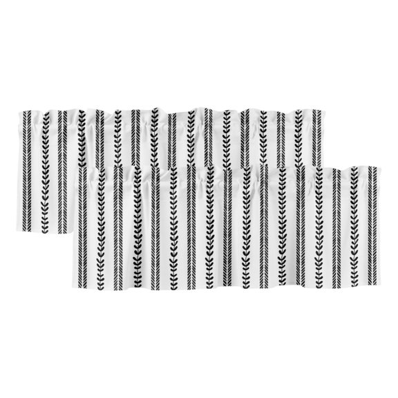 Leaf Stripes Valances for Window 2 Pack, Botanical Rustic Minimalism Black White Rod Pocket Curtains Valances Light Filtering Short Curtains for Kitchen Bedroom Bathroom 60 x 18 Inch