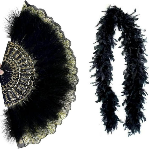 WE-POLUJ 2pcs Handmade Feathered Fans With Luxurious Black Feathered Boas Accessories For Weddings And Stage Shows