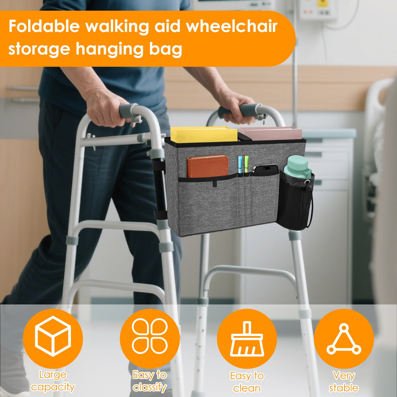 Walker Bag Multi Pockets Walker Basket with Cup Holder Foldable with Large Capacity & Never Tipping Over- for Seniors Elderly