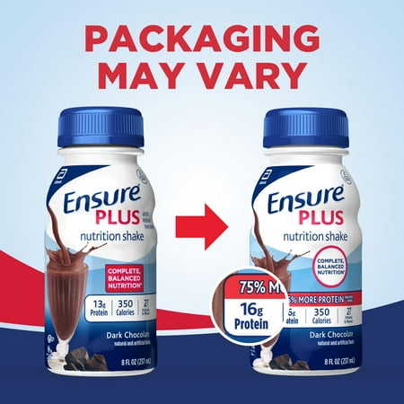 Ensure Plus Meal Replacement Nutrition Shake, Dark Chocolate, 16g Protein, 8 fl oz - 24 Pack