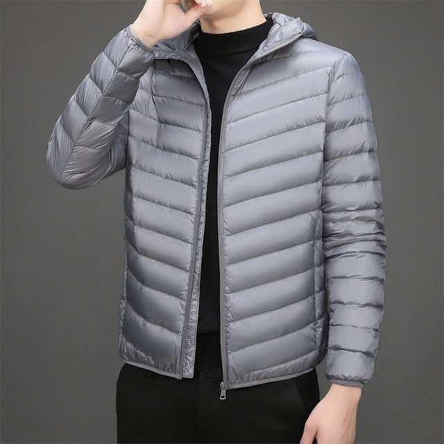 Men's Winter Hooded Down Padded Jacket with Long Sleeve and Zipper Pockets for Cold Weather