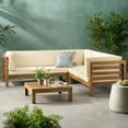 thumbnail image 5 of GDF Studio Cascada Outdoor Acacia Wood 5 Piece Sectional Sofa Chat Set with Cushions, Teak and Beige, 5 of 6
