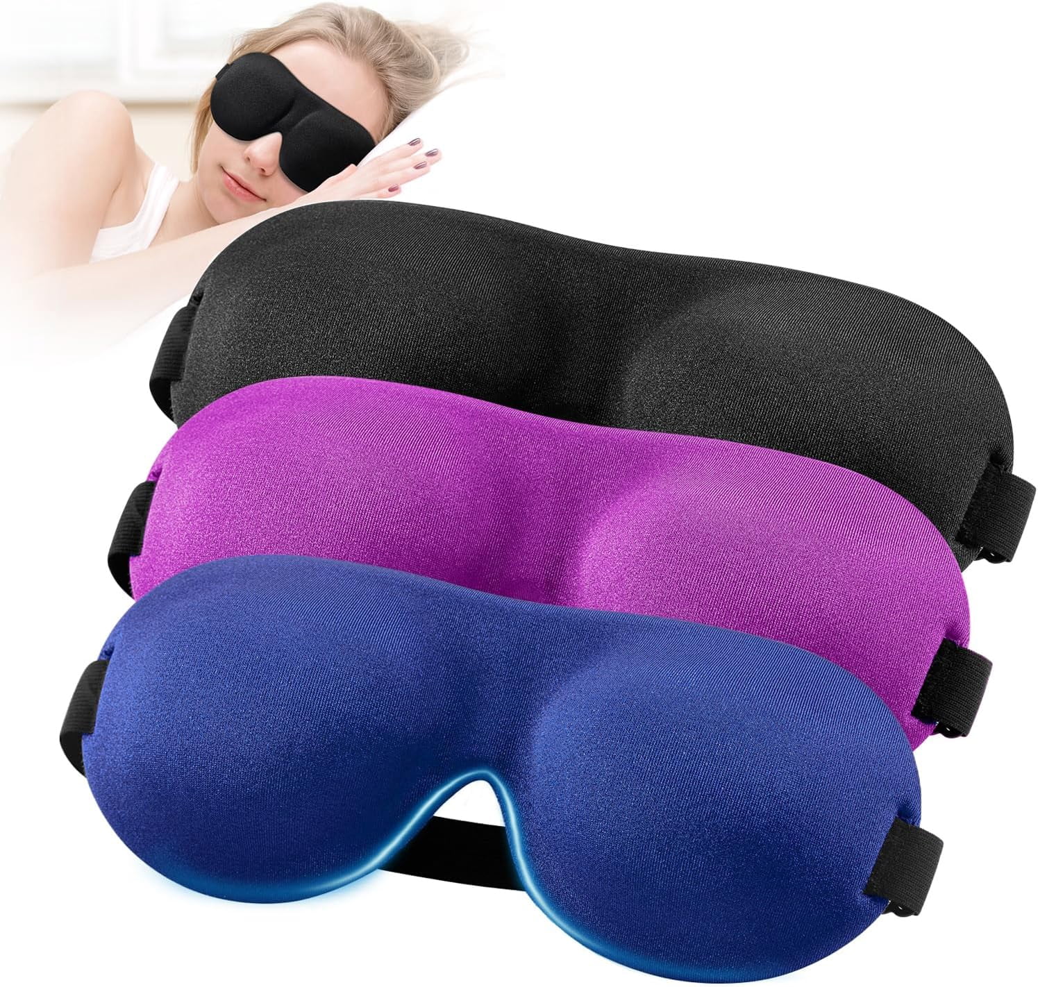 3 Pack 3D Sleep Mask for Back and Side Sleepers, 100% Light Blocking, Lightweight and Breathable Eye Cover for Men and Women, Zero Pressure Night Blindfold