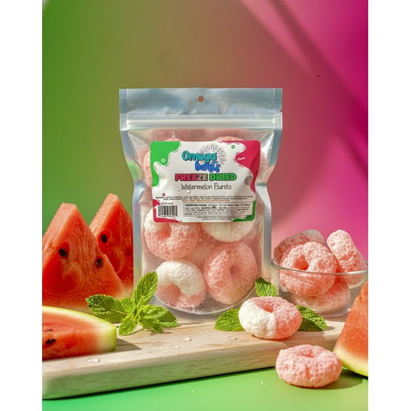 Omega Bursts Freeze Dried Watermelon Bursts Crunchy Gummy Candy Rings, 1.5 oz