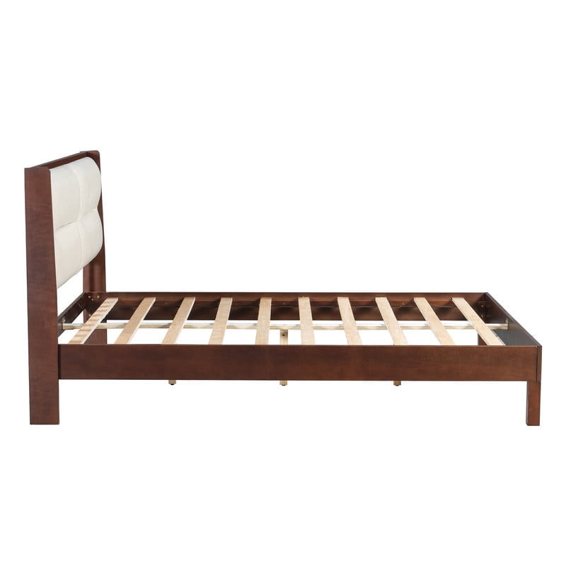 Wooden Queen Size Platform Bed with Velvet Upholstered Headboard, Low-Profile Bed Frame with Slat Support No Box Spring Needed