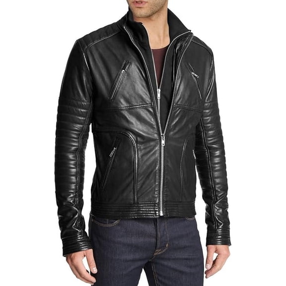 New Men's Genuine Lambskin Leather Jacket Black Belted Motorcycle Biker Jacket A049