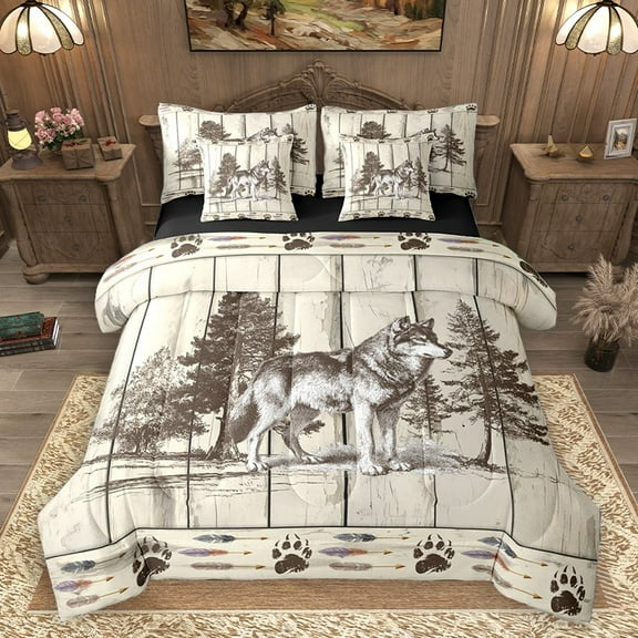 Homewish Safari Wolf 7-Piece Twin Bedding Sets for Teens Boys Girls,Jungle Animal Bedding Comforter Set,Retro Rustic Cabin Breathable Sheet Sets,Microfiber Bedroom Decor,Reversible