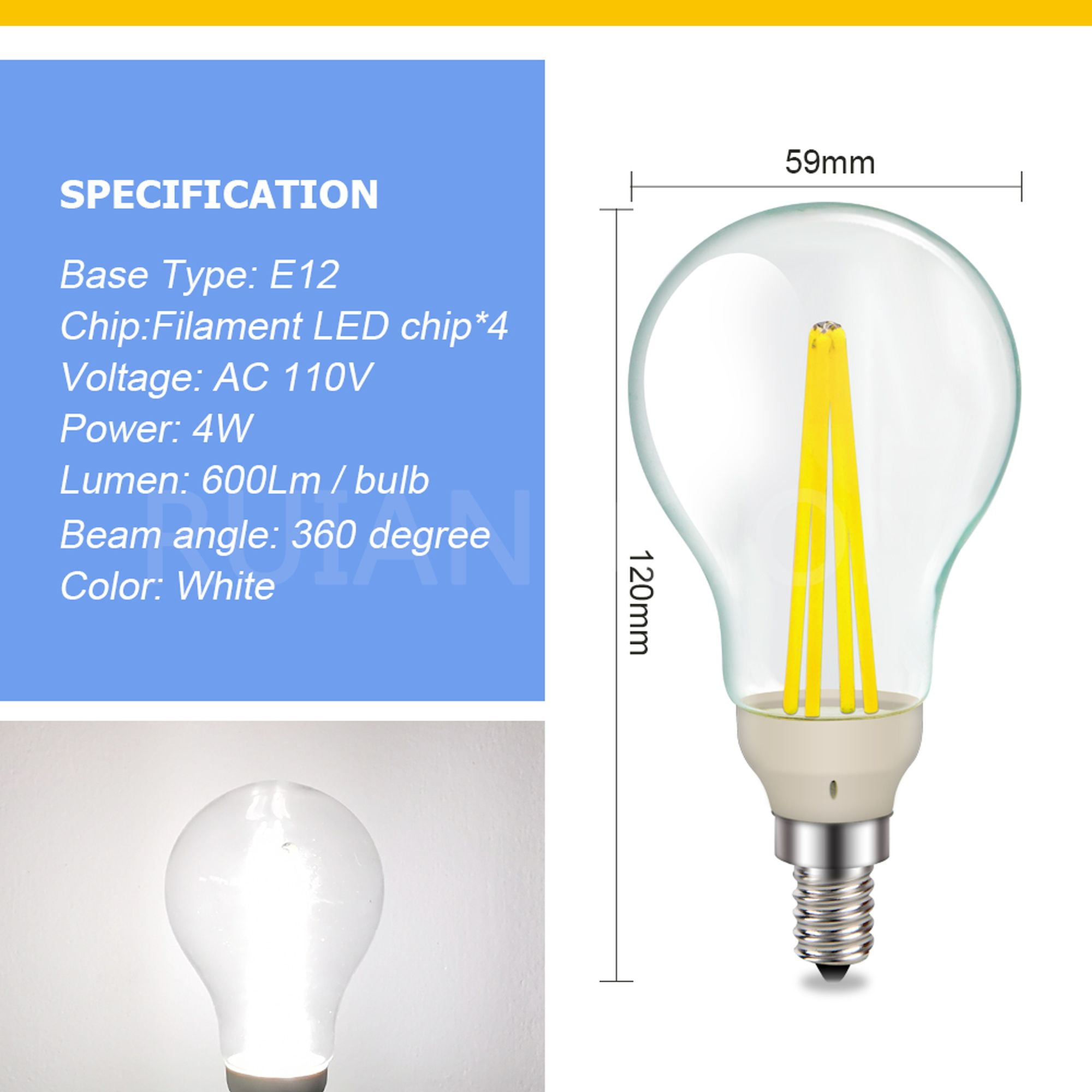 Ruiandsion 10-Pack E12 Base LED Filament Light Bulbs, 110V AC 4W 600LM 6000K Daylight,360° Beam for Boat Marine RV Lighting, Vintage A19,Replacement