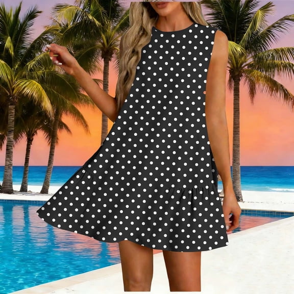 Gamivast Dresses for Women Sleeveless Crew Neck Loose Fit Shift Mini Dress Polka Dot Print Ruffle Hem Flowy Elegant Cocktail Party Summer Dresses Spring Dresses