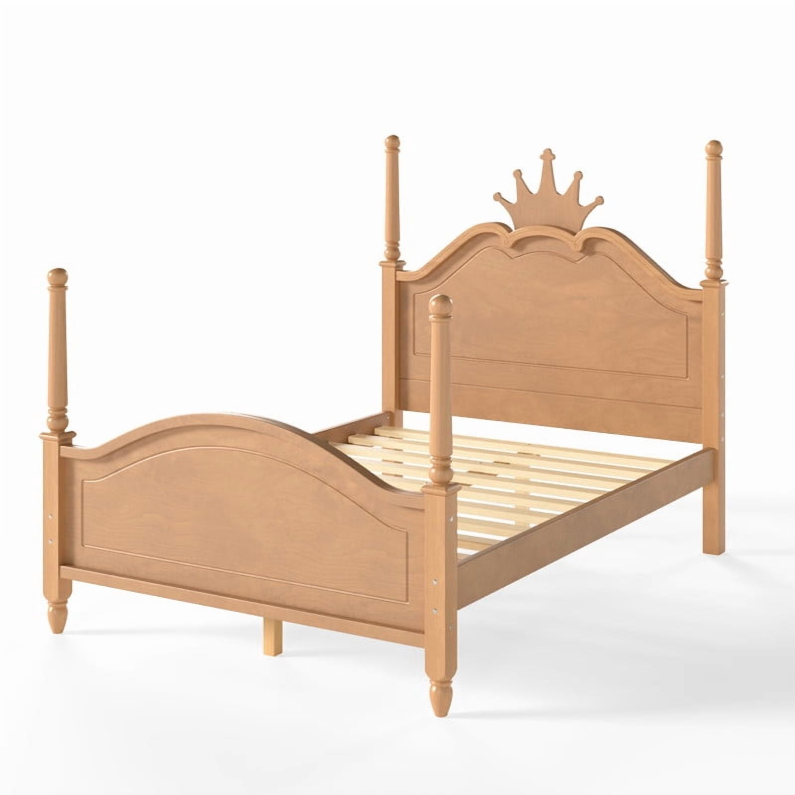 Full Size Kids Low Profile Platform Bed, Curved Footboard Four Poster Bed, Wooden Princess Bed Frame with Crown Shaped Headboard