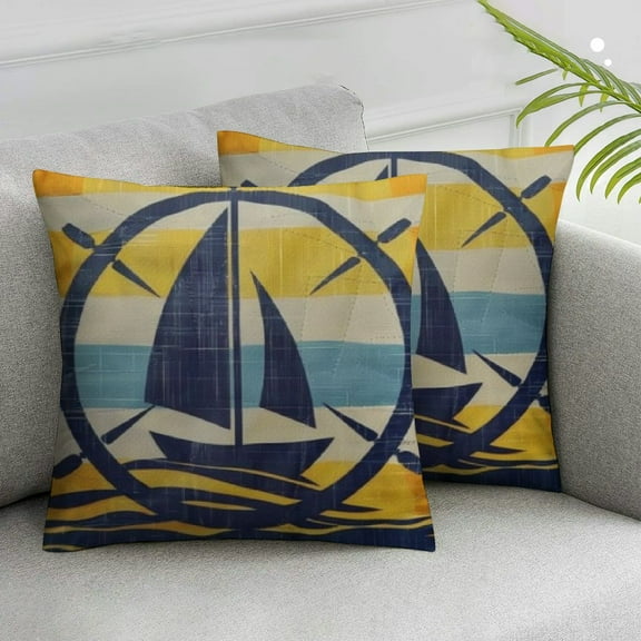JRXY Nautical Anchor Pillow Covers Navy Blue Yellow Summer Coastal Sailing Boat Striped Throw Pillows Farmhouse Outdoor Decor for Home Sofa Couch Bed Square Cushion Case,Set of 2 White