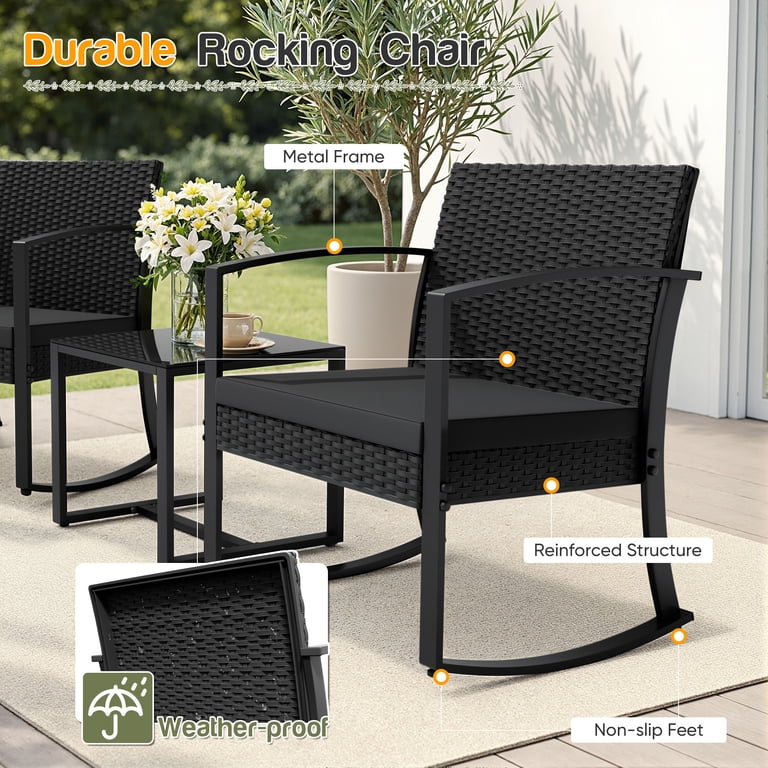 Homall 3-Piece Outdoor Rocking Chair Set with Glass Table photo 6
