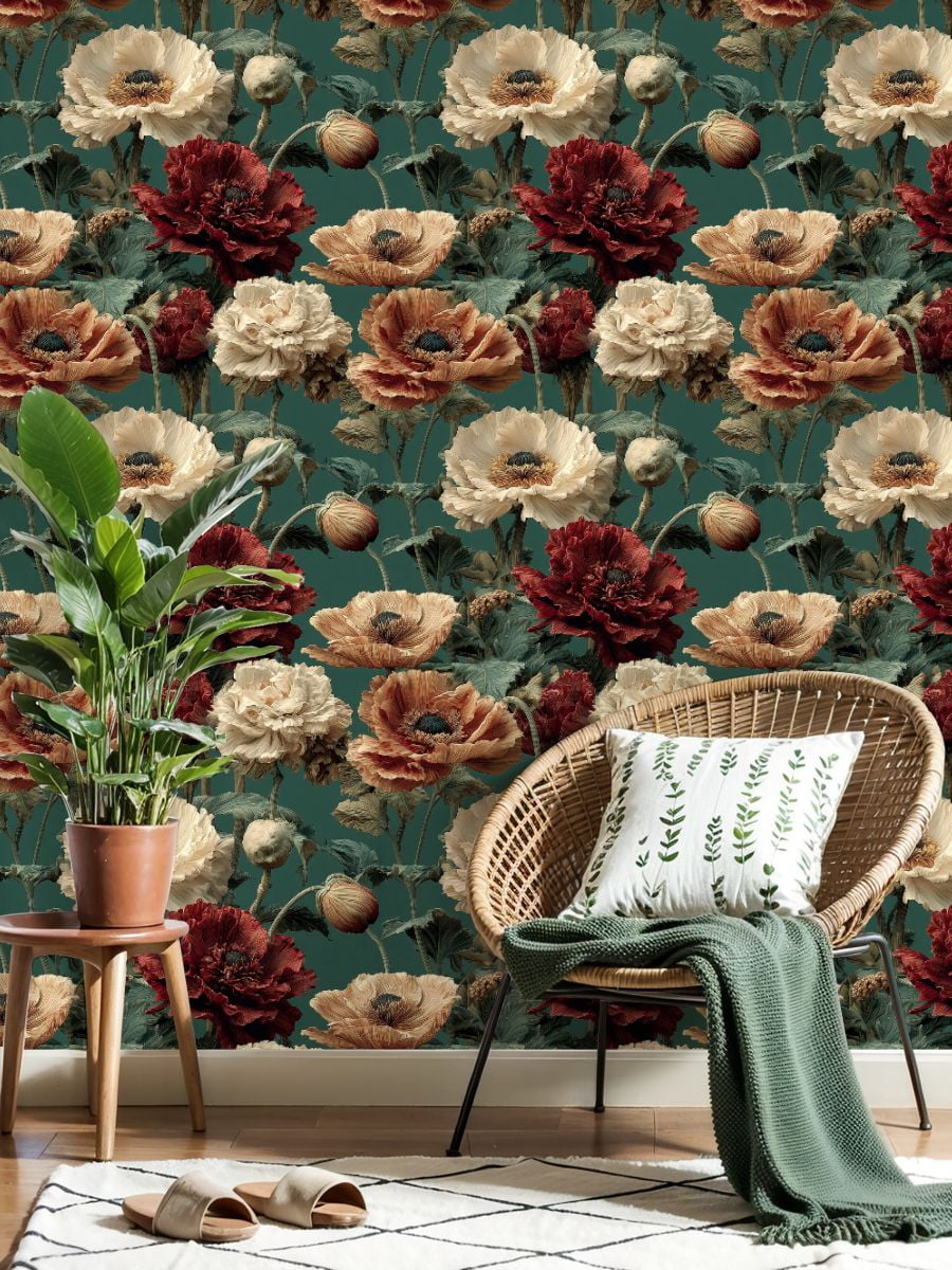 Vintage Peel and Stick Wallpaper Vivid Poppies Bloom Lush Greenery Soft Lighting Wall Mural 23.6in x 9.8ft Self Adhesive Removable Wall Paper Floral Contact Paper for Nursery Bedroom Cabinets