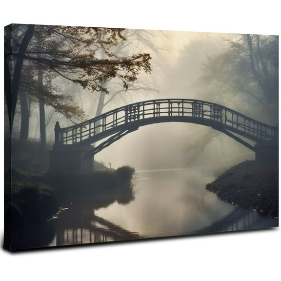 ONETECH Nature Wall Art Bridge Over Lake Canvas Painting Autumn Tree Forest Nature Landscape in Park Modern Picture Print On Canvas Artwork for Home Decoration 20x16inch