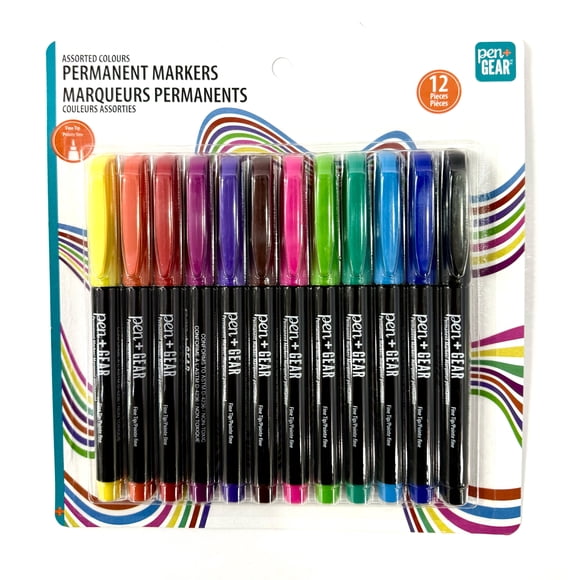 Pen+Gear , 12 Count Permanent Marker Fine Tip, 12 Assorted colors, Not Toxic, Conforms to ASTM D4236
