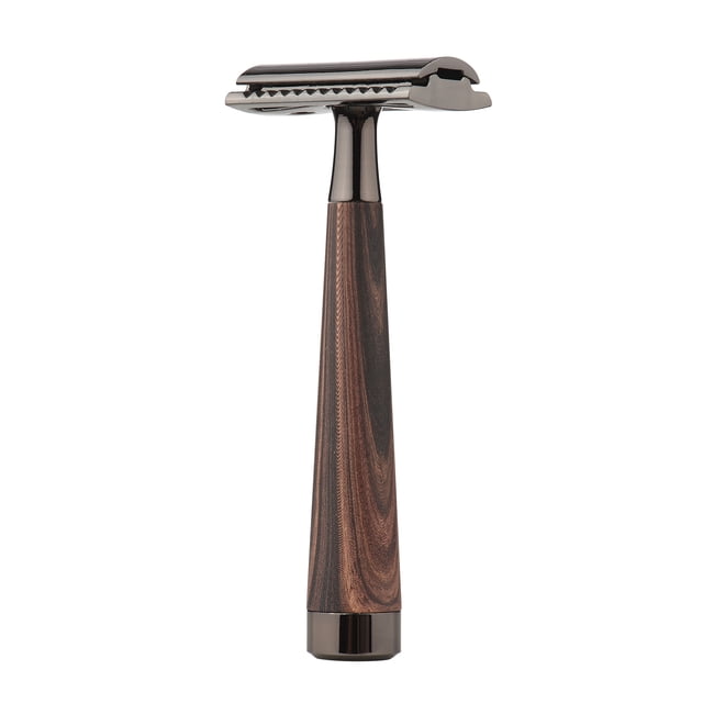 Maquinilla de afeitar de doble filo con mango largo de madera natural, maquinilla de afeitar de aleación con barra festoneada, cabezal de peine abierto para hombres, barberos, uso doméstico.