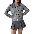 thumbnail image 2 of Women's Denim Collar Polka Dot Cropped Button Knit Sweater Jacket Cardigan Gray XL, 2 of 9