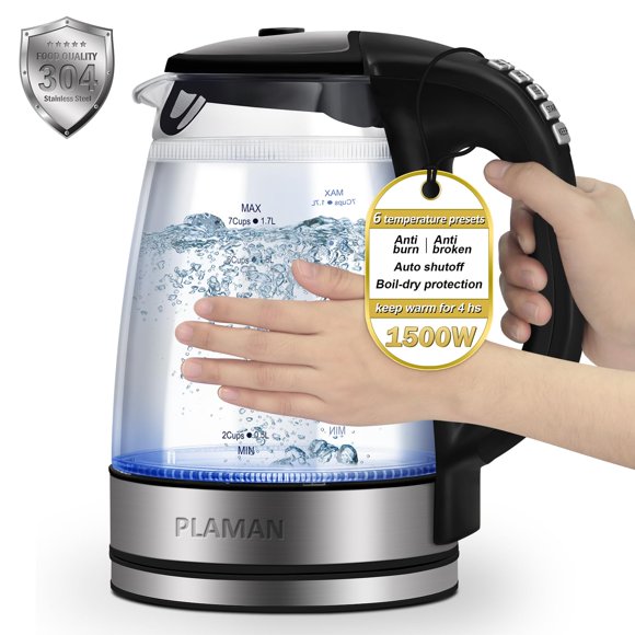 1500W Electric Kettle with Temperature Control - 6-Temp Presets for Tea/Coffee, Double Wall Cool-Touch, 4H Keep Warm, 1.7L Borosilicate Glass & BPA-F