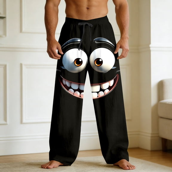 BUWTTED Men's Pants Relaxed Fit Funny Emoction Print Graphic Elastic Wasit Comfortable Straight Leg Leisure Lounge Black Pants L