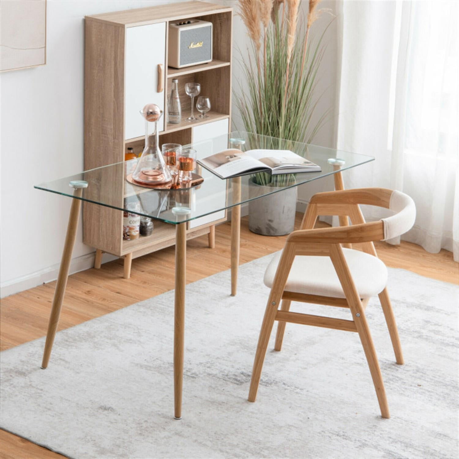 Demi Bonn Modern Glass Rectangular Dining Table with Metal Legs for Kitchen, Dining Room, Dinette, Breakfast Nook, Beige