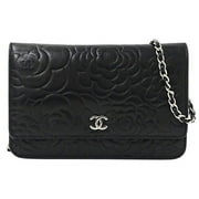 Authenticated Used Chanel CHANEL wallet camellia ladies shoulder chain long lambskin black
