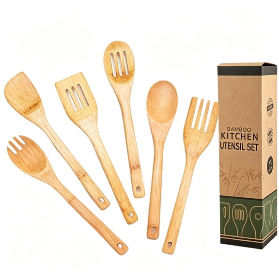6Pcs Wooden Cooking Utensil Set, Wooden Spoons for Cooking, Natural Banboo Spatula Spoon Utensils Set for Kitchen Cookware, Heat Resistant