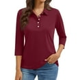 thumbnail image 2 of Classic Polo Shirts for Women 3/4 Sleeve V Neck Collared Tops Basic Trendy Beach Casual Tees Summer Wine S, 2 of 5
