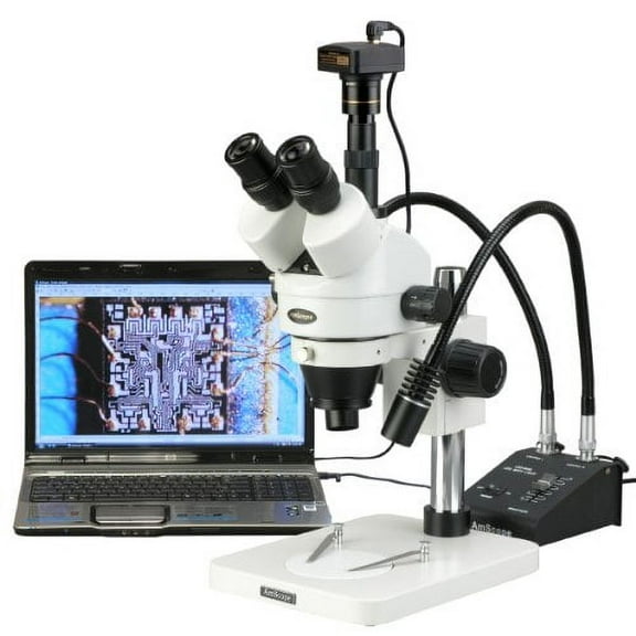 AmScope SM-1TS-L6W-3M Digital Professional Trinocular Stereo Zoom Microscope, WH10x Eyepieces, 7X-45X Magnification, 0.7
